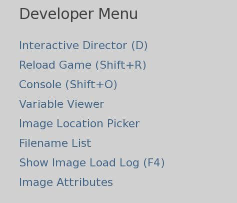 An image showing the Renpy developer menu